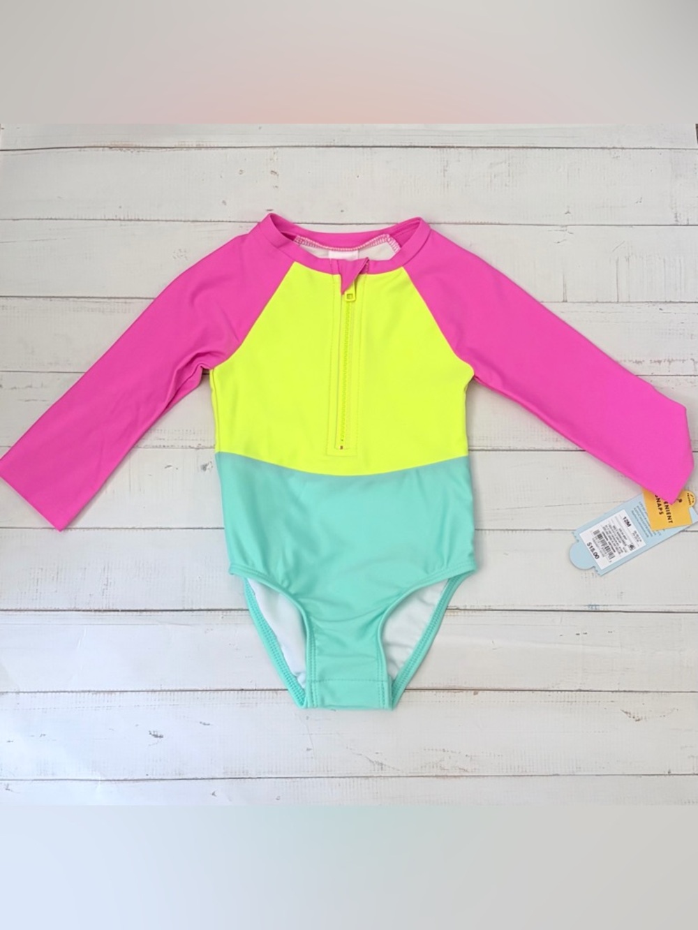 Cat & Jack Pink, Yellow, and Aqua  Rashguard Swimsuit Size 12M NWT